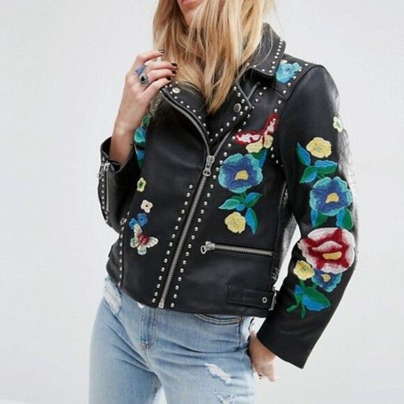 ASOS HTF Floral Embroidery Leather Biker Jacket Size 14 - Picture 3 of 10
